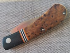 Grayson Jennings Thuya Burl Trapper..Cpm154..Black Canvas Micarta bolsters...3.5 closed..coa and box
