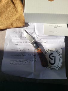 Grayson Jennings Thuya Burl Trapper..Cpm154..Black Canvas Micarta bolsters...3.5 closed..coa and box