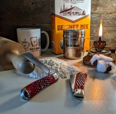  TITUSVILLE CUTLERY - Big Easy Cotton Knife-Precious Stone Red Jig Bone Handles-1095 High Carbon 