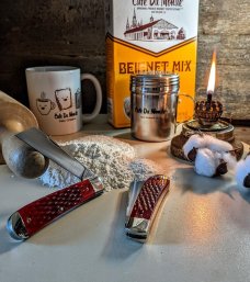  TITUSVILLE CUTLERY - Big Easy Cotton Knife-Precious Stone Red Jig Bone Handles-1095 High Carbon 
