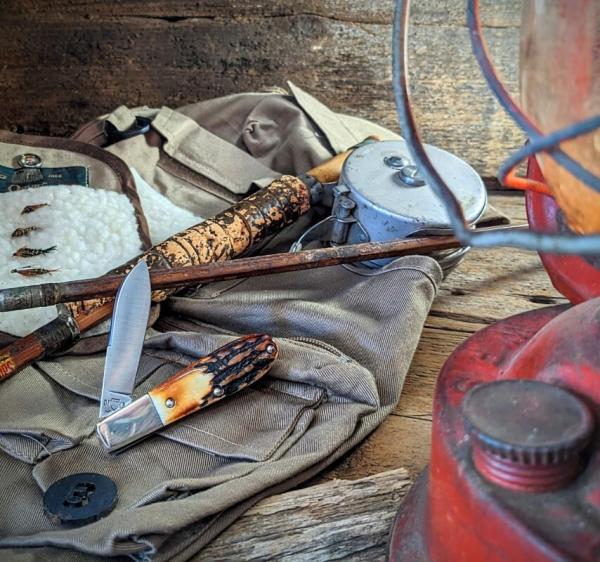 TITUSVILLE CUTLERY - LITTLE RYBUG BARLOW -Genuine Burnt Stag Handles -3-1095 High Carbon Steel Blade