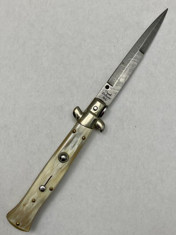 Frank B 23cm / 9" Fantail Damascus Steel Blonde Horn Swivel EX Bayonet Beltrame RARE Frank B 23cm / 9" Fantail Damascus Steel Blonde Horn Swivel EX Bayonet Beltrame RARE