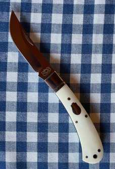 Rosecraft Blades "Little Riverbend Skinner" in white smooth bone scales and upswept skinner blade