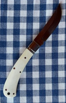 Rosecraft Blades "Little Riverbend Skinner" in white smooth bone scales and upswept skinner blade