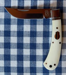 Rosecraft Blades "Little Riverbend Skinner" in white smooth bone scales and upswept skinner blade