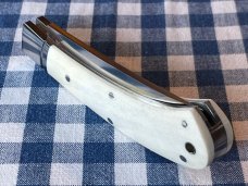 Rosecraft Blades "Little Riverbend Skinner" in white smooth bone scales and upswept skinner blade