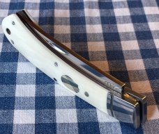 Rosecraft Blades "Little Riverbend Skinner" in white smooth bone scales and upswept skinner blade