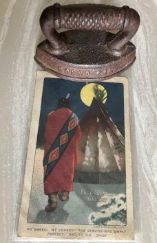 ROUND OAK INDIAN, ADVERTISING ITEM IRON AND POST CARD