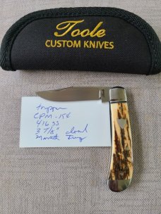 Bobby Toole Jigged Mammoth Ivory Honknose Trapper...Cpm154...3 7/8" closed..New...pouch and coa.