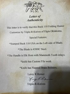 BUCK 110 LEROY REMER CUSTOM ELK HORN FOLDING HUNTER