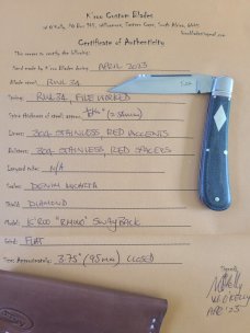 Kroo Rhino...Denim Micarta...Rwl34...3.75" clsd...fluted bolsters.filework.spacers..liners..coa/slip