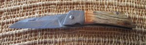 Jay Bigler “98” folding knife with Damascus and died wood
