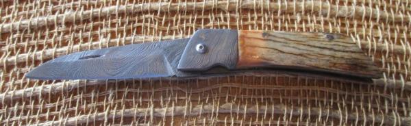 Jay Bigler “98” folding knife with Damascus and died wood