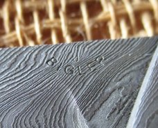 Jay Bigler “98” folding knife with Damascus and died wood