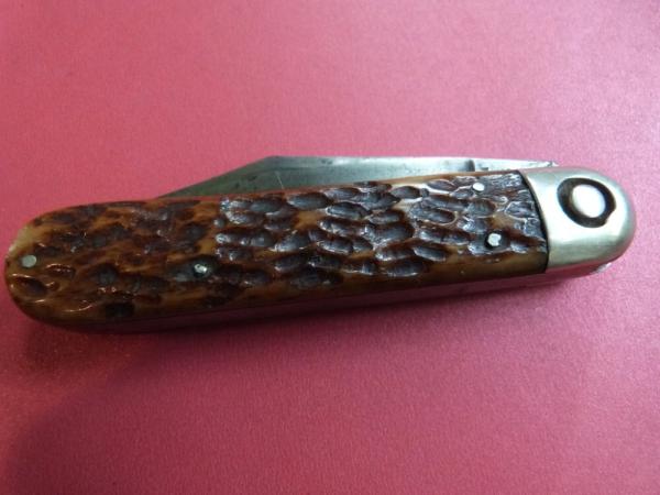 Vintage Press Button Knife Company Automatic Brown Bone Handles