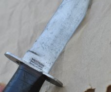 Western WWII Knife Double Steel Guard Double Tang Pinned Fiber Pommel 10" OAL  Tang Stamped Western