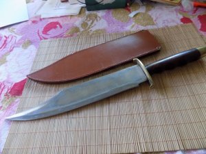 Custom Large Bowie knife unmarked with custom sheath.