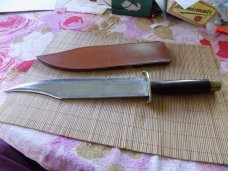 Custom Large Bowie knife unmarked with custom sheath.
