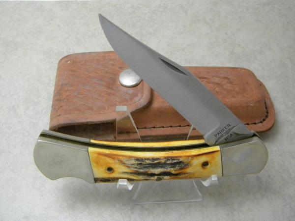 Parker USA Stag Lockback Knife in Leather Pouch
