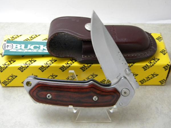 Buck USA 279T Wood Easy Open Alpha Hunter Linerlock Knife w/Leather Pouch