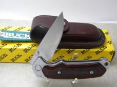 Buck USA 279T Wood Easy Open Alpha Hunter Linerlock Knife w/Leather Pouch