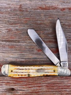 Roman Numeral stamp SC6240 dogleg trapper, Second Cut Burnt White Bone Handles
