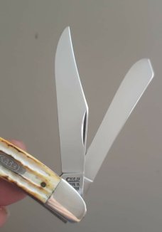 Roman Numeral stamp SC6240 dogleg trapper, Second Cut Burnt White Bone Handles