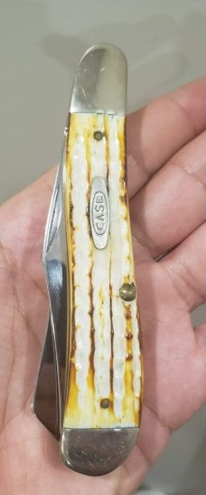 Roman Numeral stamp SC6240 dogleg trapper, Second Cut Burnt White Bone Handles