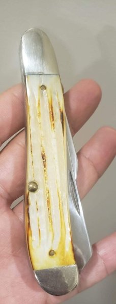 Roman Numeral stamp SC6240 dogleg trapper, Second Cut Burnt White Bone Handles