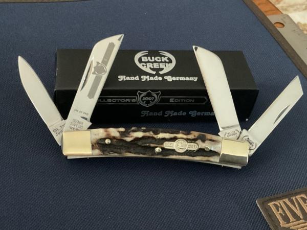 2007 Buck Creek Cobra 664DS is a 4 blade Congress, with genuine deer stag handles.