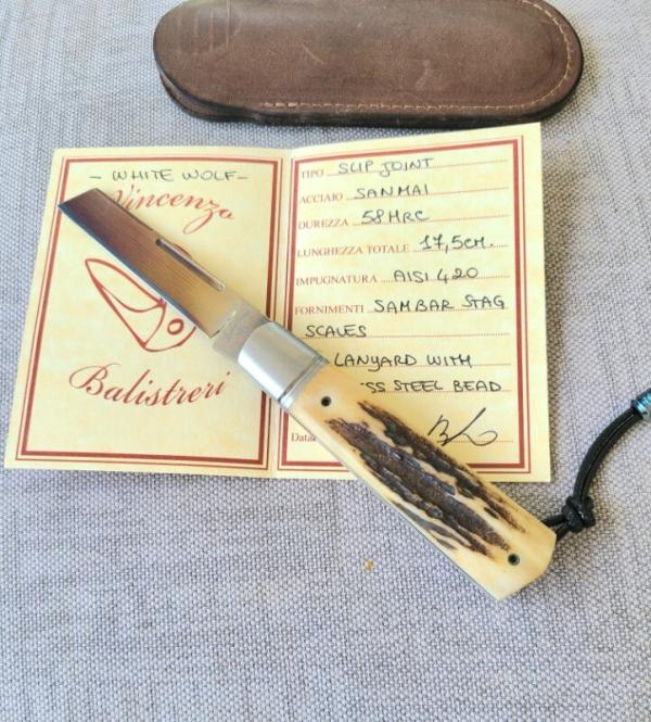 Vincenzo Balistreri Sambar Stag and San Mai White Wolf...4" closed..interior lanyard and bead..coa/s Vincenzo Balistreri Sambar Stag and San Mai White Wolf...4" closed..interior lanyard and bead..coa/s