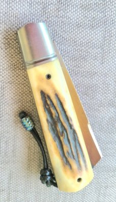 Vincenzo Balistreri Sambar Stag and San Mai White Wolf...4" closed..interior lanyard and bead..coa/s
