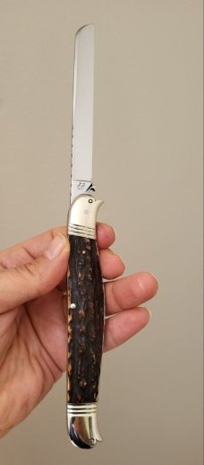 Rare 5 1/2" Big Double Bird's Head Bolsters Custom Made Knife, Premium Stag, Lots of Filework