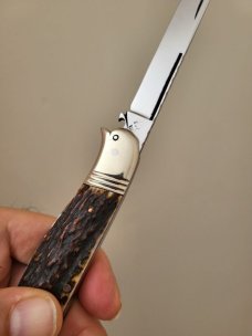 Rare 5 1/2" Big Double Bird's Head Bolsters Custom Made Knife, Premium Stag, Lots of Filework