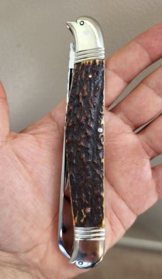 Rare 5 1/2" Big Double Bird's Head Bolsters Custom Made Knife, Premium Stag, Lots of Filework