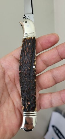 Rare 5 1/2" Big Double Bird's Head Bolsters Custom Made Knife, Premium Stag, Lots of Filework