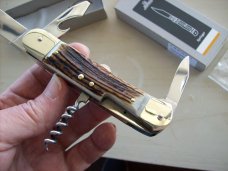 Hubertus Knife Rare Camper Automatic 3 Blades W/Corkscrew Stag/Antler UNUSED NIB.
