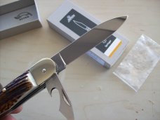Hubertus Knife Rare Camper Automatic 3 Blades W/Corkscrew Stag/Antler UNUSED NIB.