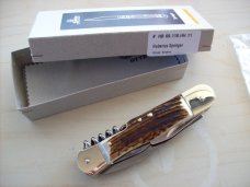Hubertus Knife Rare Camper Automatic 3 Blades W/Corkscrew Stag/Antler UNUSED NIB.