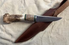 Small game hunter, Crown Stag, 52100 steel, hand crafted with sheath.