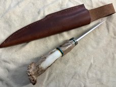 Small game hunter, Crown Stag, 52100 steel, hand crafted with sheath.