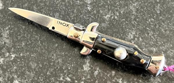Miniature Switchblade Knife, Made In Italy, Vertical INOX Mark, Older Style, Imitation Horn Handle Miniature Switchblade Knife, Made In Italy, Vertical INOX Mark, Older Style, Imitation Horn Handle