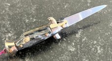Miniature Switchblade Knife, Made In Italy, Vertical INOX Mark, Older Style, Imitation Horn Handle 