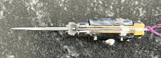 Miniature Switchblade Knife, Made In Italy, Vertical INOX Mark, Older Style, Imitation Horn Handle 