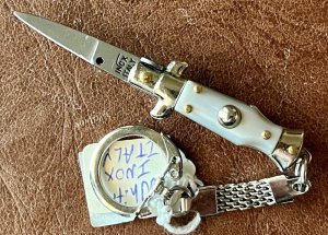 Miniature Switchblade Knife Marked INOX Over ITALY New Style White Plastic Handle W Keychain 