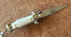 Miniature Switchblade Knife, Marked INOX Over ITALY, New Style, White Plastic Handle, W/ Keychain 