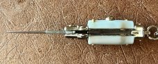 Miniature Switchblade Knife, Marked INOX Over ITALY, New Style, White Plastic Handle, W/ Keychain 