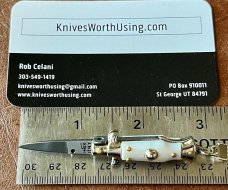 Miniature Switchblade Knife, Marked INOX Over ITALY, New Style, White Plastic Handle, W/ Keychain 