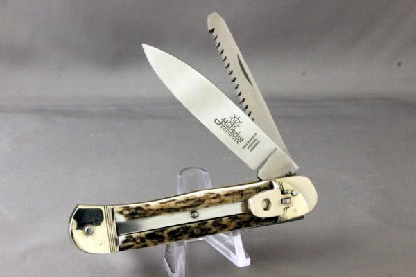 HUBERTUS Automatic with Spear Blade & Saw Blade, Stag Handles, Mint Knife, Never Used, Free Shipping