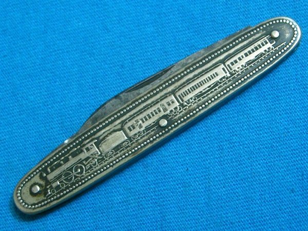 VINTAGE WH WHITEHEAD HOAG TRAVELERS TRAIN LOCOMOTIVE RAILROAD FOLDING POCKET KNIFE KNIVES OLD USA AD